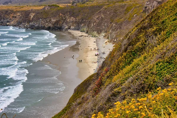 Turistika Surfování Písečné Pláži Big Sur Mlhavého Dne — Stock fotografie