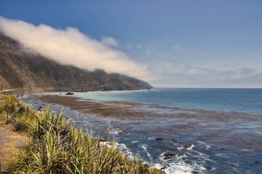 Sisli bir günde Big Sur 'da Sand Dollar Plajı' nda yürüyüş ve sörf.