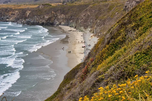Sisli bir günde Big Sur 'da Sand Dollar Plajı' nda yürüyüş ve sörf.