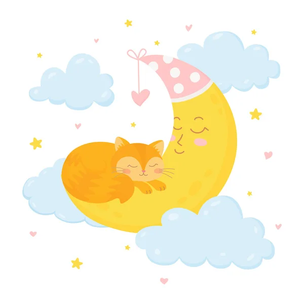 Cute cat sleepping on the crescent moon — Stock Vector
