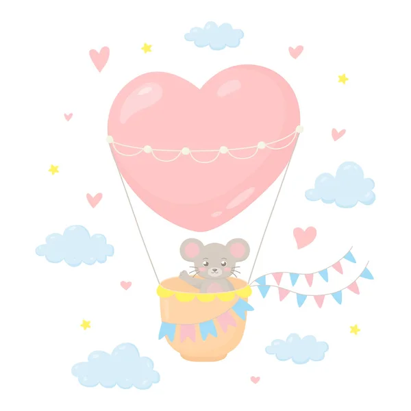 Cute little mouse flying in a heart-shaped hot air balloon — Stock Vector