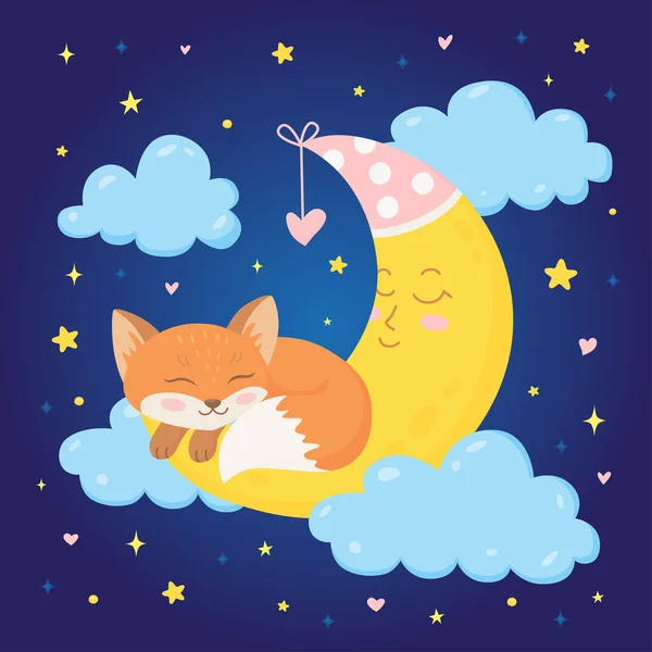 Cute baby fox sleepping on the crescent moon — Stock Vector