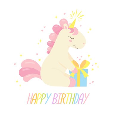 Güzel tek boynuzlu at ve hediyeli doğum günü kartı.
