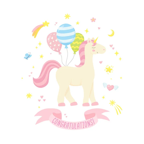 Tarjeta de felicitación con unicornio lindo, globos y elementos mágicos — Vector de stock