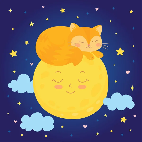 Cute orange cat sleeping on a moon, starry night sky — Stock Vector