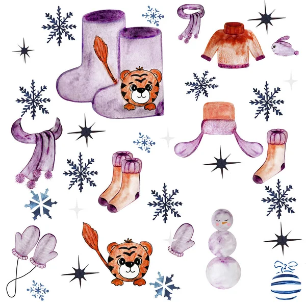 Conjunto de inverno festivo azul e roxo elementos de vestuário e texturas — Fotografia de Stock
