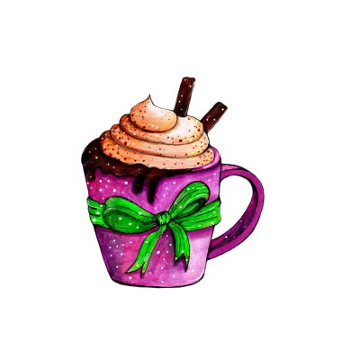 suluboya resimli, sıcak kahve kremalı ve tarçınlı mor kupa.