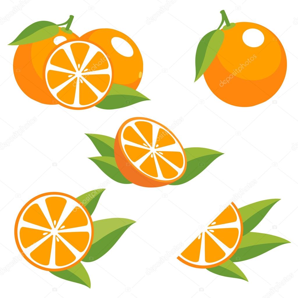 Orange fruit with leaves. Collection of different fresh orange fruit.