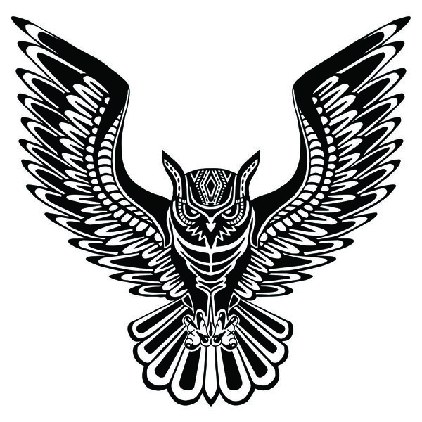 Flying owl black silhouette with a pattern on the body.