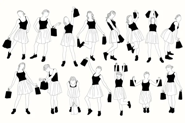 Collection shopping girls vector silhouettes. — Stock Vector