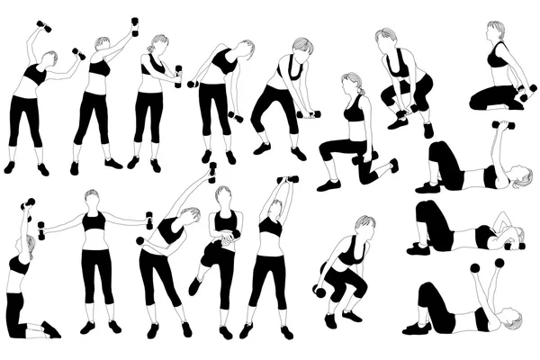 Colectoin de silueta de mujer haciendo ejercicio con mancuernas . — Archivo Imágenes Vectoriales