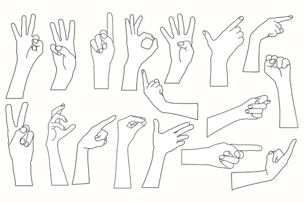 Collection of human hands, different hands, gestures, signals and signs. — Stock Vector