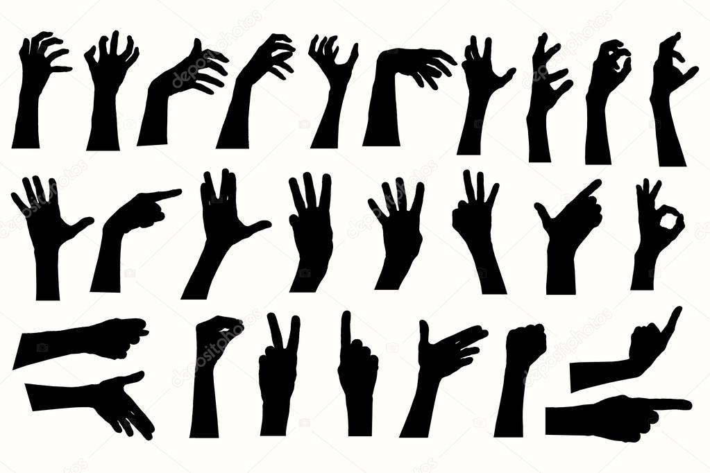 Vector human hands, different hands, gestures, signals and signs.