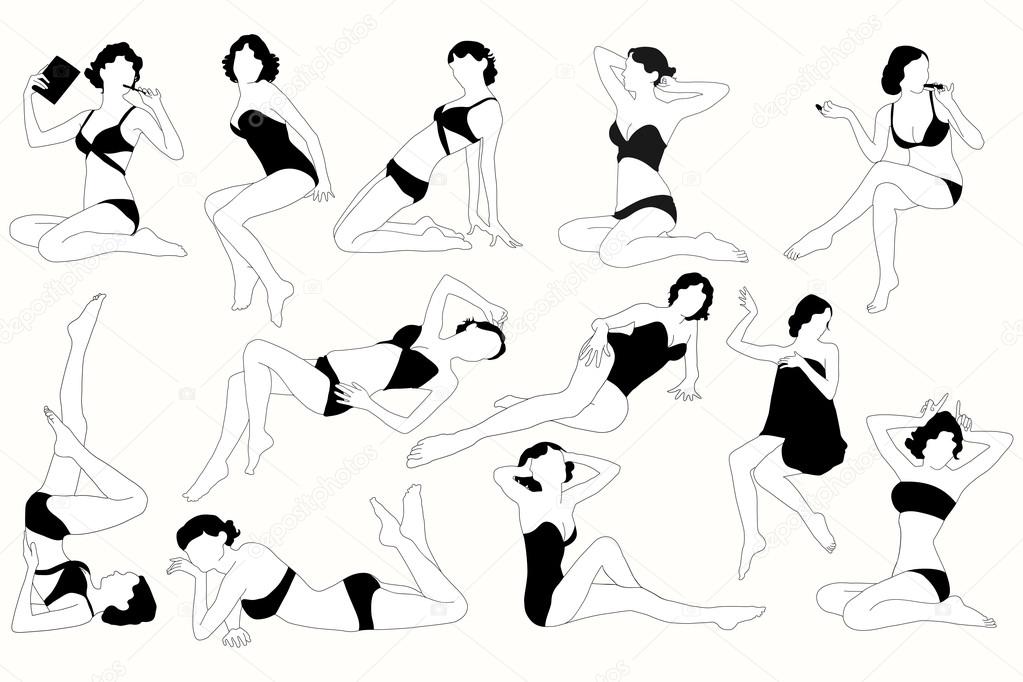 Collection of pin up girl on white background.