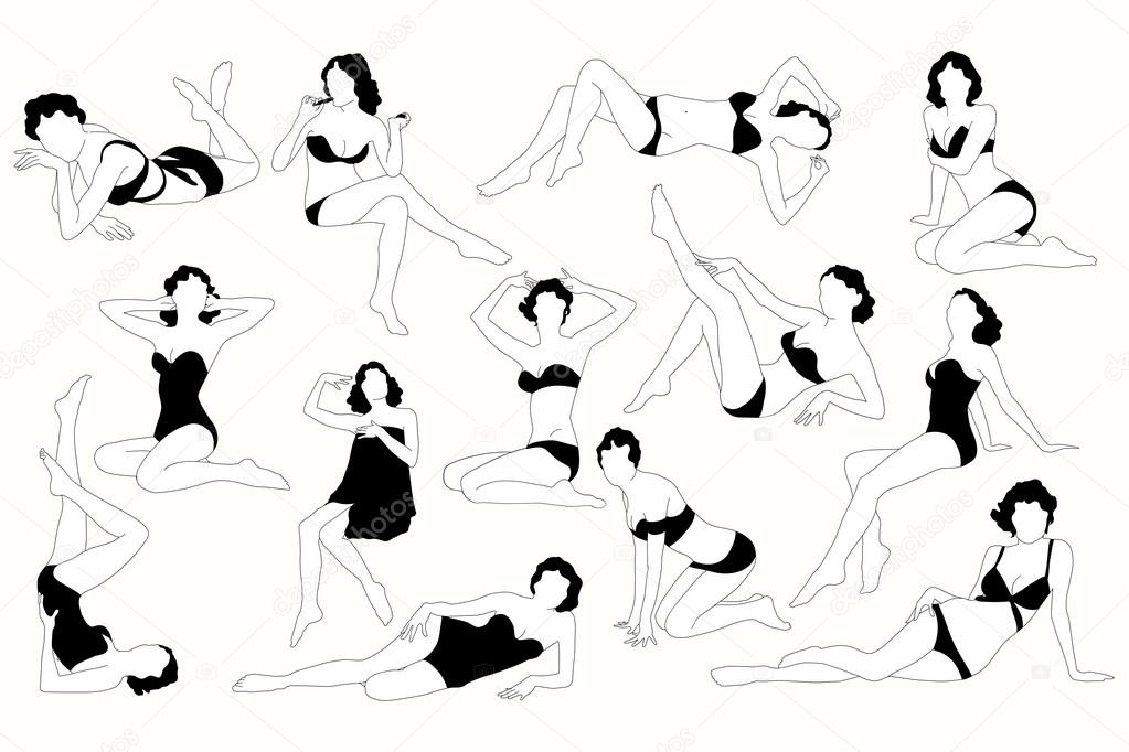 Set of pin up girl on white background