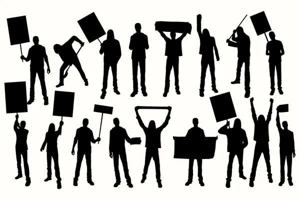 Silueta de hombres protestando. Hombres sosteniendo pancarta. Manifestantes enojados . Ilustración De Stock