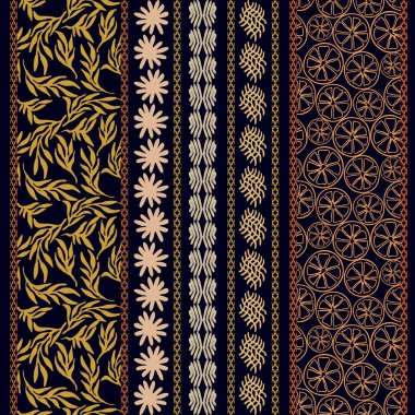 Bohem motifli çiçek nakış sınırları seti. El çizilmiş dikişsiz yaprak desen, portakal, doodle çizgili.