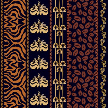 Art Deco ipek duvar kağıdı fantezi eski motiflerle. Zebra Baskı, Şam sınırları, kahve model, kaydırma şerit, boho öğeleri. 