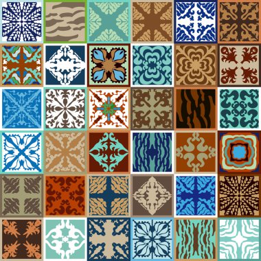 Mega sırlı seramik fayans ayarlayın. Bohem elemanları, geometrik süsler ve çiçek desenleri ile soyut vektör arka plan.