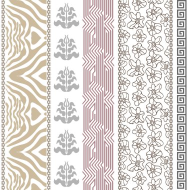 Art Deco ipek duvar kağıdı antik Yunan ve Roma motifleri ile. Zebra Baskı, Şam sınırları, Menderes, çiçek desenli, boho öğeleri.