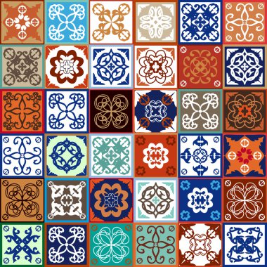 Sırlı seramik çini Mega ayarla. Çiçek ve geometrik desenlerle renkli vintage fayans, İspanyol, İtalyan, Portekiz ve oryantal motifleri