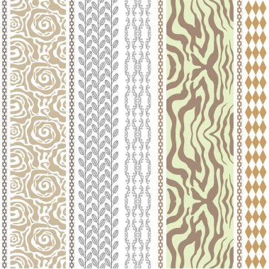 Seamless silk wallpaper with vintage roses, boho style stripes and tiger skin print.