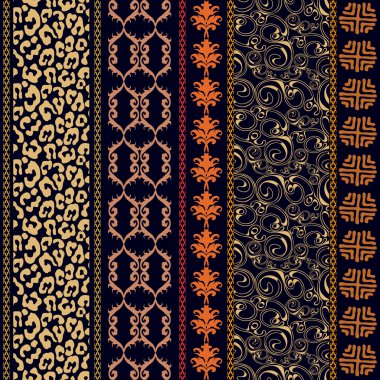 Vintage seamless silk wallpaper with boho style elements, animal skin print and baroque motifs.