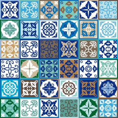 Seramik kümesi Mega etnik ile çiçek, geometrik parmak döşer. Fas, İspanyolca, Portekizce desenleri ile renkli vintage döşeme.