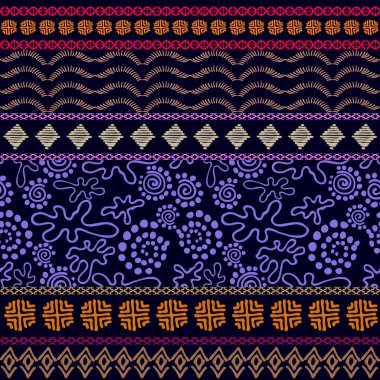 Sorunsuz etnik kenarlık kümesi. Yerli sanat motifleri, el çekilmiş karalamalar, geometrik baskılar. 