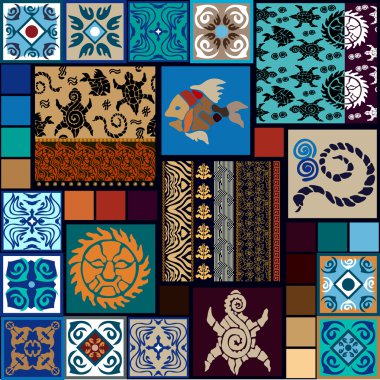 Mega set dövme maori arts tarafından ilham. Boho stil Dikişsiz desen. El çekilmiş ekmeği, balık, güneş, yılan.