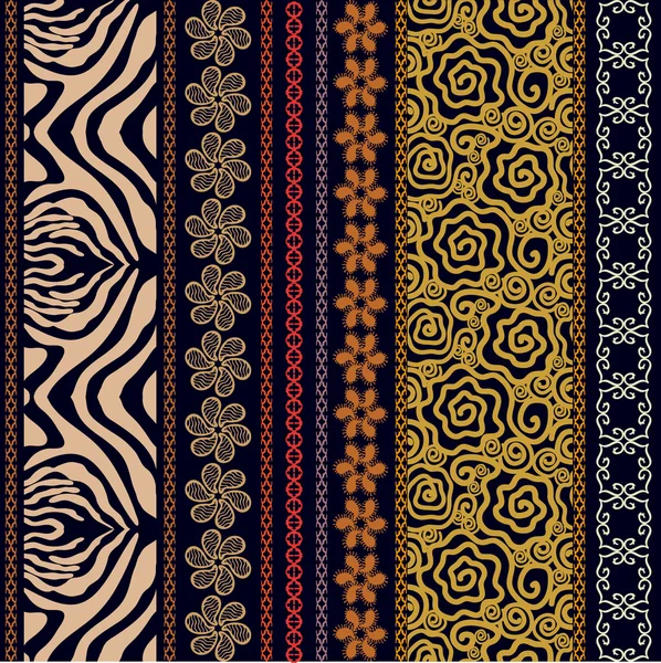 Encaje buscando fondo de pantalla de seda vintage con elementos de estilo bohemio. Estampado de cebra, bordes paisley, patrón de rosa . — Vector de stock