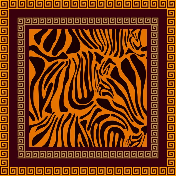 Sciarpa in seta con stampa tigre in stile art deco e cornice meandro . — Vettoriale Stock