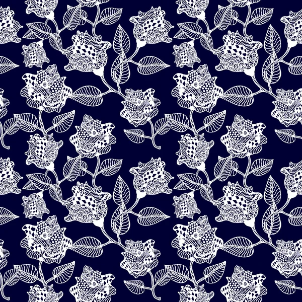 완벽 한 장미 패턴입니다. 빈티지 섬유 컬렉션입니다. 진한 파란색에 흰색. — 스톡 벡터