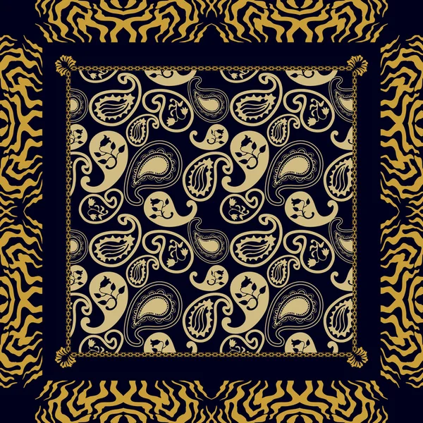 Xaile de estilo boêmio. Motivos ciganos, paisleys dourados, art deco zebra print frame, fundo preto . —  Vetores de Stock