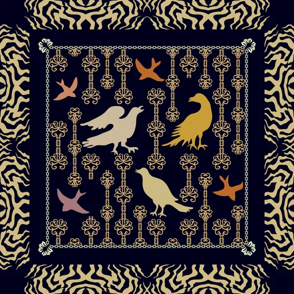 Bufanda de estilo bohemio con pájaros en jaula y borde estampado de tigre . — Archivo Imágenes Vectoriales