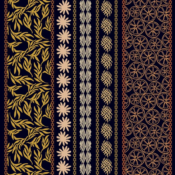 Conjunto de bordes de bordado floral con motivos bohemios. Patrón de hojas sin costura dibujado a mano, naranjas, rayas de garabato . — Vector de stock