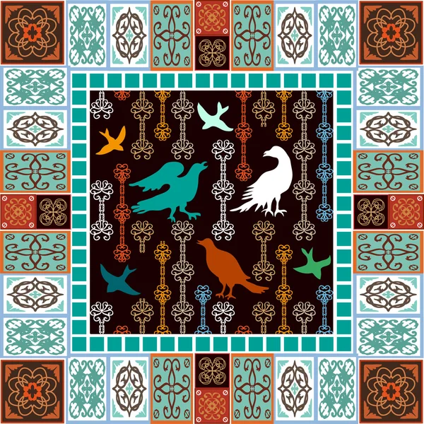 Tapete de cerâmica com pássaros de fantasia. Conjunto de azulejos com padrões orientais, florais e geométricos . —  Vetores de Stock