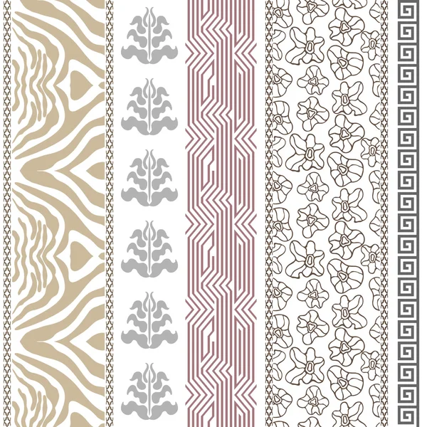 Art Deco vintage silk wallpaper with ancient Greece and Rome motifs. Zebra print, damask borders, meander, floral pattern, boho elements. — Stock Vector