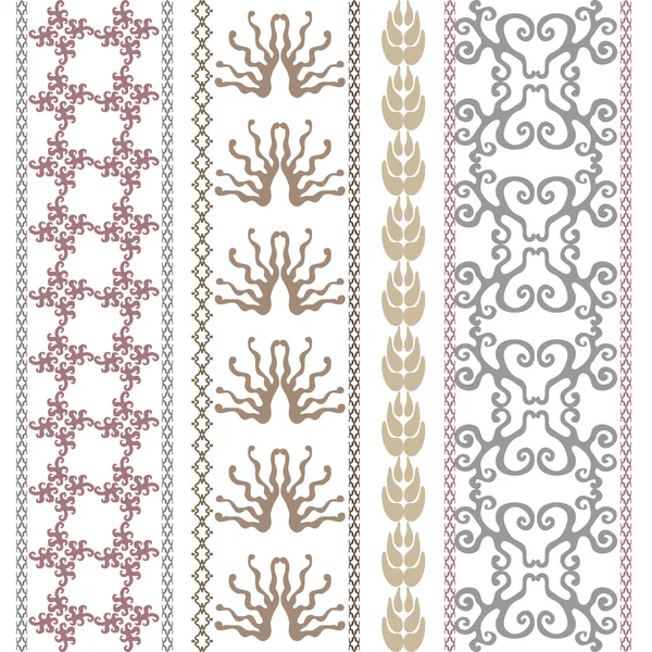 Set of geometric ornaments, damask border, leaves stripe, crown pattern, scrolls. — Stock Vector