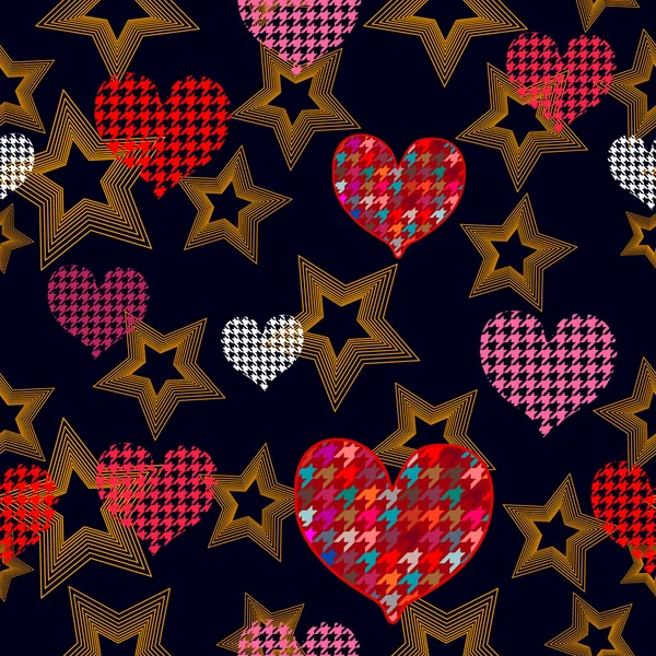 Seamless Valentine's Day background with colorful red and pink hearts with hounds tooth print and red stars. — Stock Vector