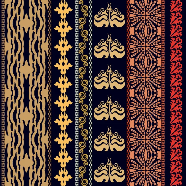 Papel pintado de lujo de estilo bohemio. Conjunto de ornamentos geométricos, bordes de damasco, rayas de hojas, patrones lineales y cruzados . — Vector de stock