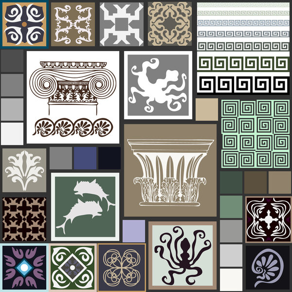Mega set of ancient Greece patterns. Columns, meanders, octopuses, fishes, sea monsters, ceramic tiles with geometric ornaments.