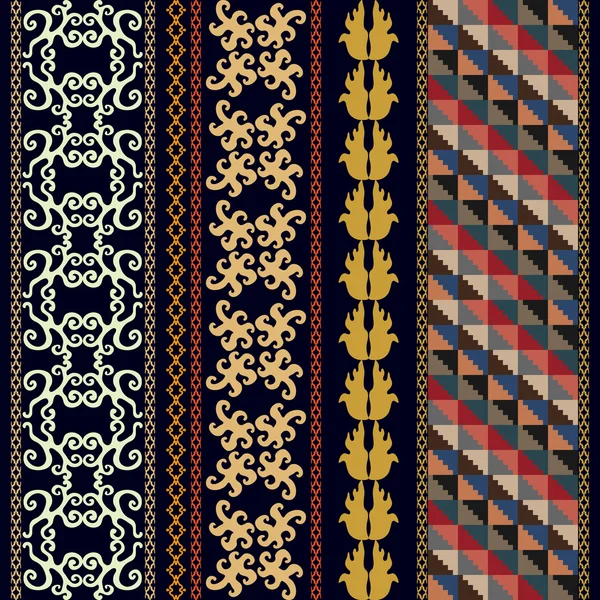 Conjunto de fronteiras boémias com motivos peruanos. Rolos desenhados à mão, ornamentos geométricos, padrões de damasco, estampas florais, listra geométrica . — Vetor de Stock