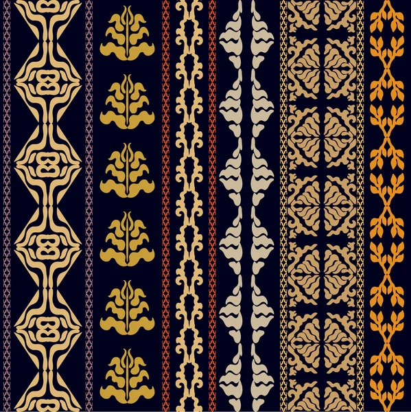 Carta da parati di lusso in stile bohemien. Set di cerchi, ornamenti geometrici lineari, bordi damascati, strisce di foglie floreali, motivo astratto . — Vettoriale Stock