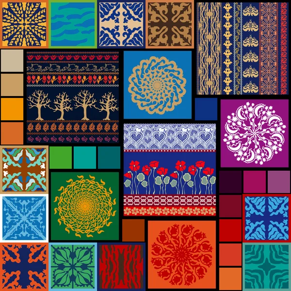 Ensemble de motifs vectoriels sans couture de style gitan. Arbres nocturnes, coquelicots en fleurs, bordures bohèmes, mandalas — Image vectorielle