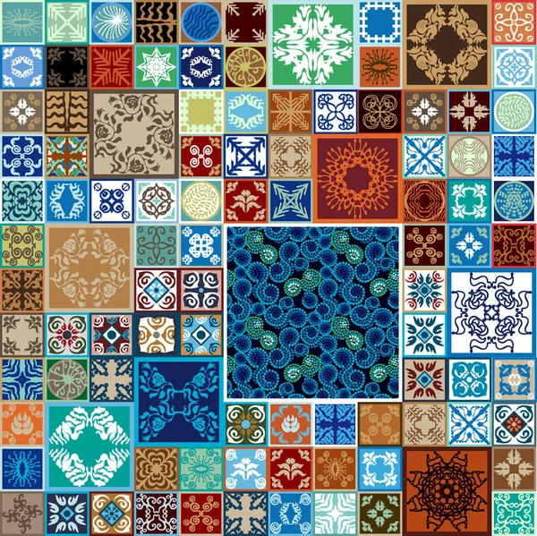 Carreaux de céramique méga ensemble. Motifs marins, ornements ethniques, éléments bohèmes. Spirales en mosaïque dessinées à la main, roses, mandalas . — Image vectorielle