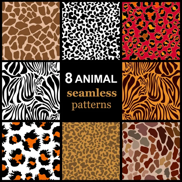 Satz von 8 nahtlosen Tiermustern. Safari-Textilkollektion. — Stockvektor