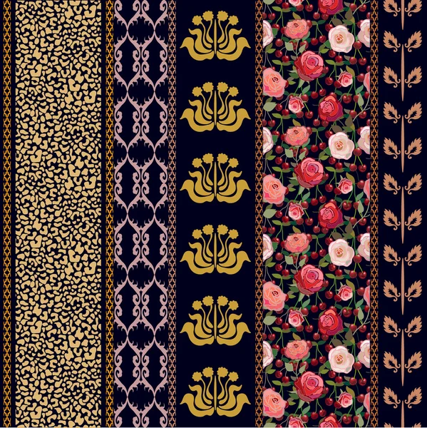 Papier peint art déco vintage en soie avec motifs ethniques et éléments bohèmes. Imprimé léopard, bordure damassée, motif rose . — Image vectorielle