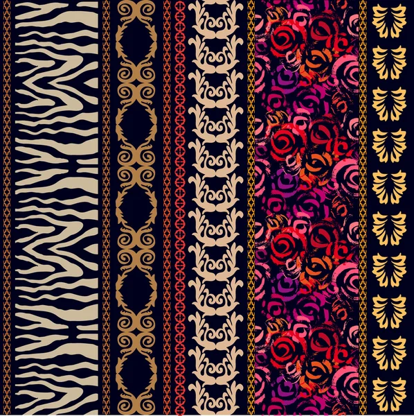 Papel de parede de seda vintage de luxo com motivos étnicos e elementos boêmios. Impressão de zebra, bordas de damasco, padrão rosa . —  Vetores de Stock