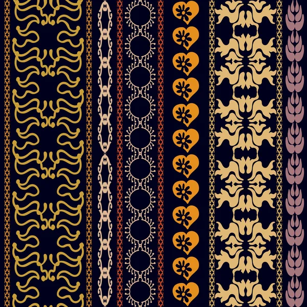 Set of embroidery borders with bohemian motifs. Hand drawn seamless scroll pattern, hearts, damask borders, geometric stripes. — ストックベクタ